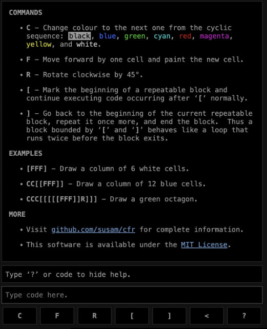 CFR[]：仅5个字符的新绘图语言 | 项目地址只用五个字符，就能完成一幅像素画的绘制