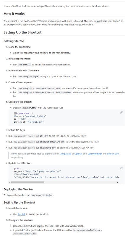 Siri Ultra：快捷命令激活iPhone上的大模型进行对话与搜索Siri-Ultra是一个基于云的智能助手，可以在Cloudflare Workers上运行，并且可以与任何大型语言模型（LLM）配合使用