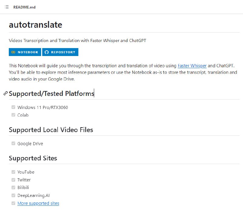 autotranslate 用Faster Whisper和ChatGPT实现视频的转录和翻译，支持多平台和本地视频文件，可用于支持的网站(如YouTube、Twitter、Bilibili等)