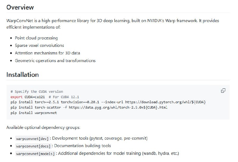 WarpConvNet：让3D深度学习架构梦想成真的高性能库提供高效的点云处理和稀疏体素卷积实现；支持3D数据的注意力机制，提升模型性能；包含丰富的几何操作和变换功能WarpConvNet：让3D深度学习架构梦想成真的高性能库提供高效的点云处理和稀疏体素卷积实现；支持3D数据的注意力机制，提升模型性能；包含丰富的几何操作和变换功能