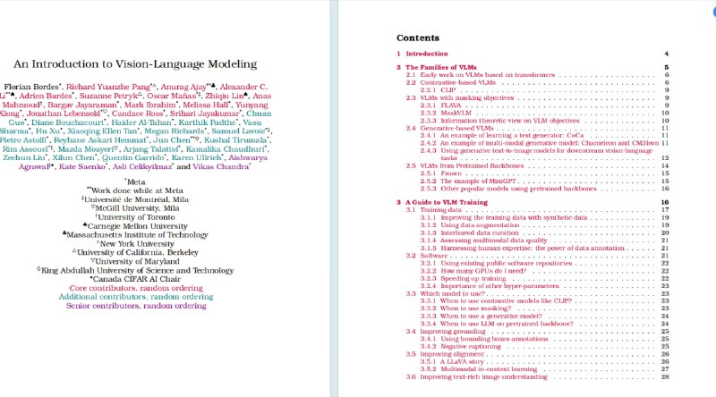 An Introduction to Vision-Language Modeling归纳了当前视觉语言模型的主要方法，即对比学习、掩码、生成式和利用预训练模型，阐述了各自的工作机制、优势和局限，为视觉语言模型研究提供指导