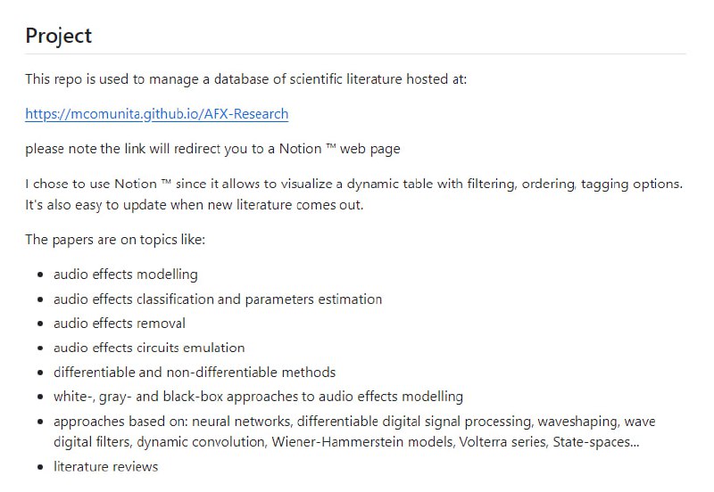 音频效果研究数据库，提供科学文献资源，特色在于使用Notion™️动态表格的可视化，支持过滤、排序和标签功能，便于更新和管理音频效果相关文献AFX-Research | #数据库音频效果研究数据库，提供科学文献资源，特色在于使用Notion™️动态表格的可视化，支持过滤、排序和标签功能，便于更新和管理音频效果相关文献AFX-Research | #数据库