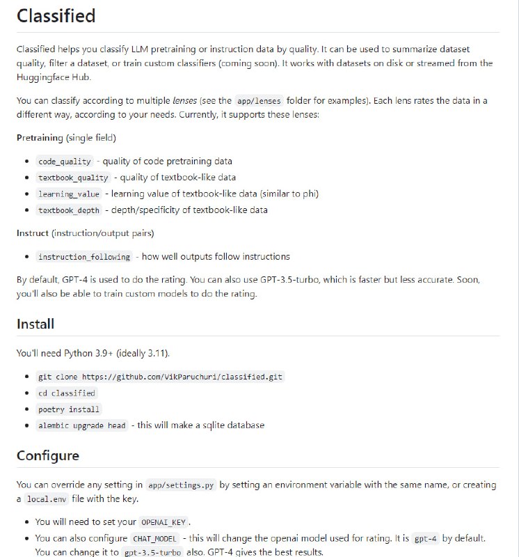 LLM预训练数据质量分类工具，支持本地或Huggingface Hub数据集的多维度评估，可总结数据集质量、筛选数据集或训练自定义分类器Classified | #工具