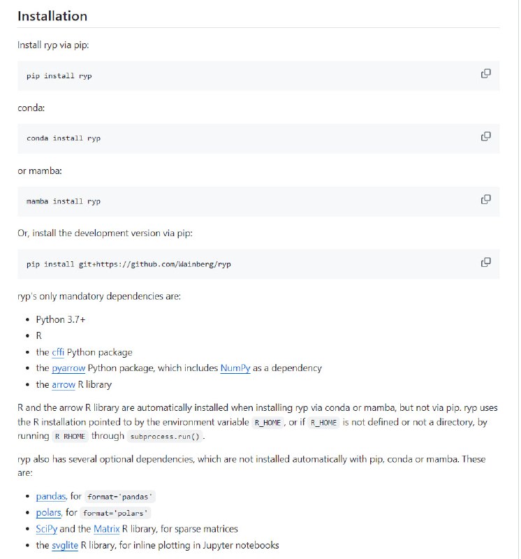 ryp: R inside Python：一个简单强大的Python库，让你能在Python里运行R代码，快速在Python和R之间传输大型数据集，无需写入磁盘，支持同时在两种语言中进行交互式工作