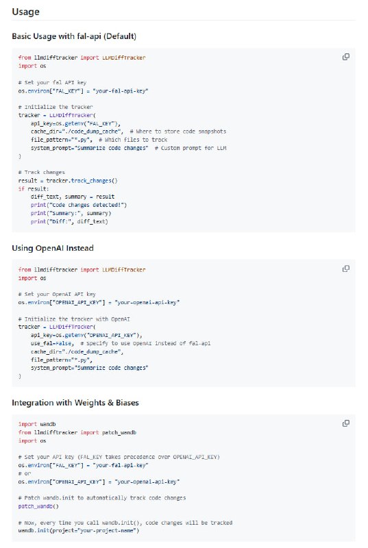 llmdifftracker：用AI帮你轻松追踪代码变更，让代码管理不再繁琐 利用大语言模型自动总结代码修改，效率提升显著；支持与Weights & Biases集成，实验跟踪更便捷；仅需几行代码即可上手，简单易用