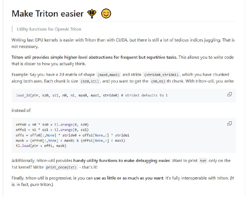 简化OpenAI Triton GPU内核开发的实用工具，提供高层次抽象简化索引操作，使代码编写更贴近实际思维，支持调试和编码工具，提高开发效率triton_util | #工具