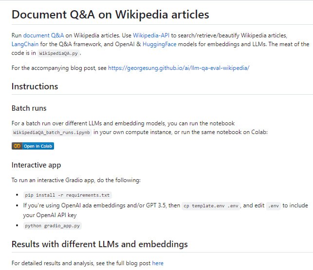在维基百科文章上运行文档问答(Q&A)任务，使用LangChain作为问答框架，使用OpenAI和HuggingFace模型进行嵌入和LLM(语言模型微调)Document Q&A on Wikipedia articles