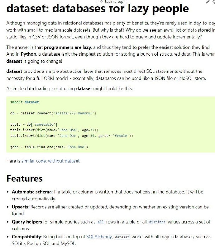 一个叫dataset的Python数据库，将关系型数据库包装为NoSQL使用方式，非常方便快捷