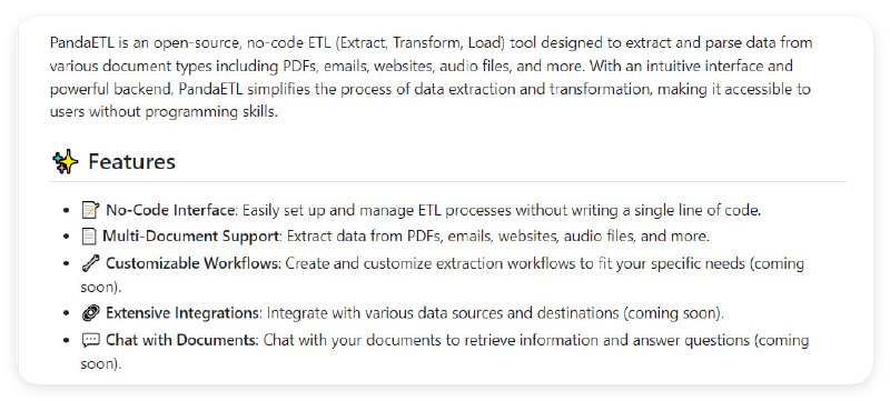 一个无需编程的ETL（提取、转换、加载）工具，能从PDF、电子邮件、网站、音频文件等多种文档中提取和解析数据，提供直观的界面和强大的后端支持，让数据提取和转换变得简单易用PandaETL | #工具