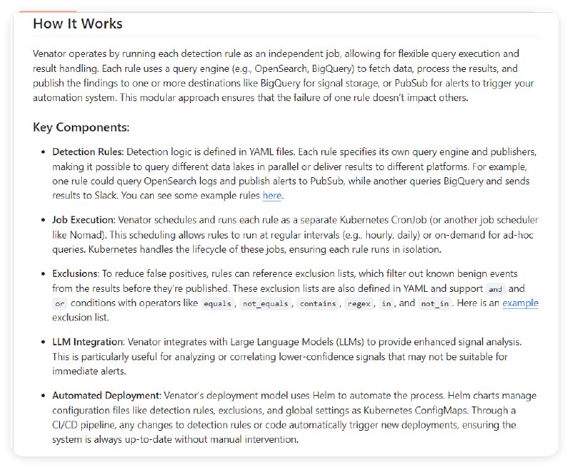 Venator：灵活的威胁检测平台，简化了规则管理和部署过程，支持使用 Kubernetes CronJob 和 Helm 进行定时任务调度，同时也能独立运行或与其他作业调度器如 Nomad 配合使用
