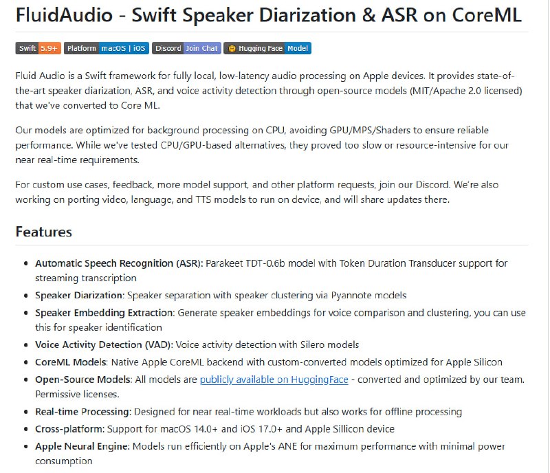 FluidAudio：苹果设备上的全本地低延迟音频处理框架，专注于实时语音识别与说话人分离，性能优异且资源占用极低