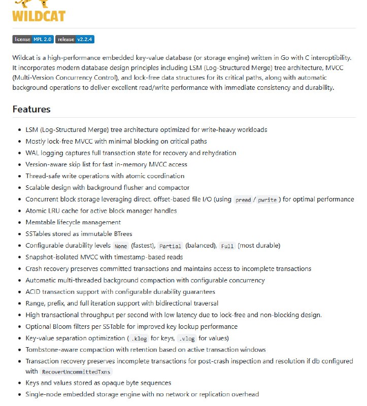 Wildcat：高性能嵌入式键值数据库，为高并发和事务性存储提供极致性能