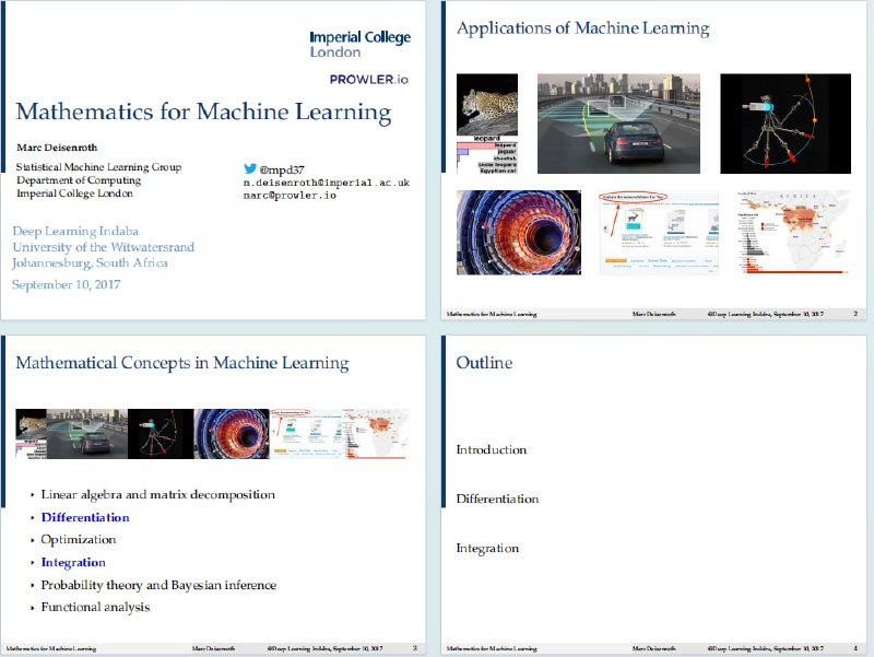 《Mathematics for Machine Learning》是由伦敦帝国理工学院David F. Greenberg教授编写的一份讲义，系统介绍了机器学习所需的数学基础