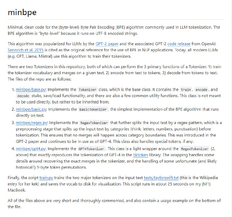 minbpe：用于大型语言模型（LLM）分词的简洁干净的字节对编码（BPE）算法实现，支持自定义训练和与GPT-4分词器的比较验证