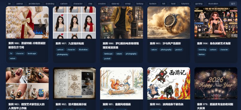 OpenNana提示词图库：可以搜索的一个新的nano banana pro的提示词库，收集了988个各种提示词