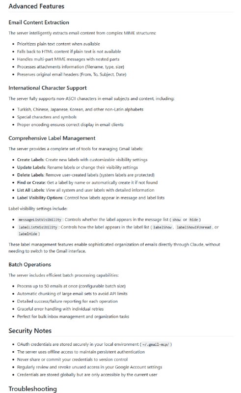 Gmail-MCP-Server：让AI助手通过自然语言管理Gmail的MCP服务器 自动认证，一键搞定登录；支持批量操作，高效处理邮件；全面支持国际字符，无障碍处理多语言邮件Gmail-MCP-Server：让AI助手通过自然语言管理Gmail的MCP服务器 自动认证，一键搞定登录；支持批量操作，高效处理邮件；全面支持国际字符，无障碍处理多语言邮件