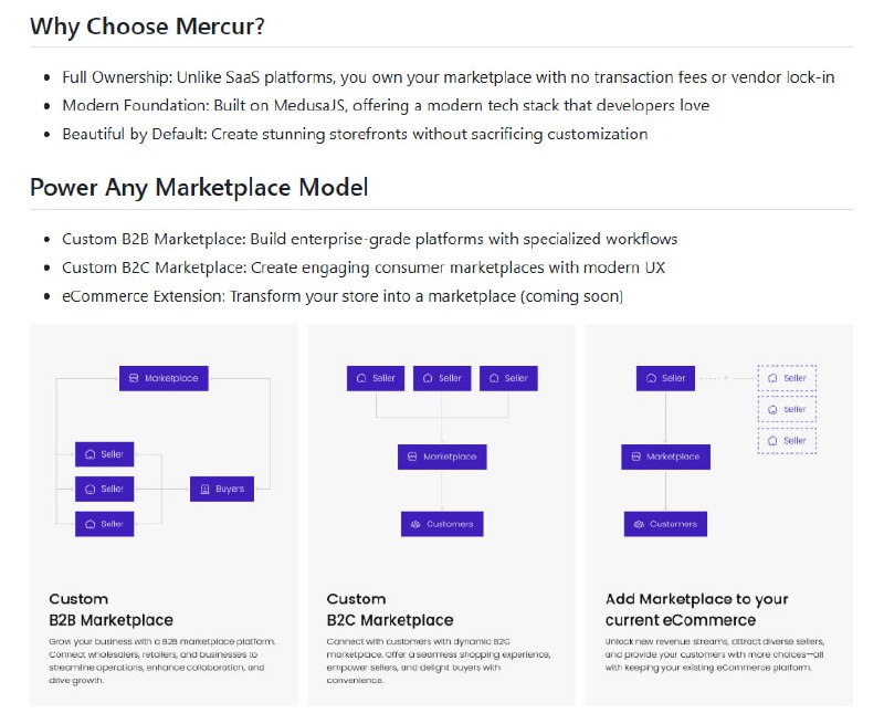 Mercur：首个真正无限制的开源多商户市场平台，结合 SaaS 简洁与开源自由，基于 MedusaJS 构建，适配多种商业模式，助力打造定制化市场体验
