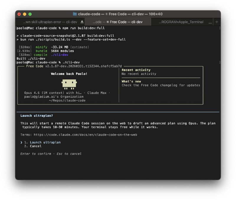 Claude Code开源编译版来了！free-code 是一款免费的 Claude Code 版本，去除了所有遥测，移除了安全提示限制，开启了全部实验功能，完整解锁开发潜能！它是基于 Anthropic Claude Code CLI 打造的终端AI编码助手，支持多种高级功能：- 完全无遥测，保护隐私不“回传”；- 移除安全提示guardrails，释放模型潜力；- 启用45+实验特性，如远程多代理策划、深度思考模式、语音输入、IDE远程控制、任务验证等；- 支持macOS / Linux（Windows可通过WSL）；- 简单安装，自动检测系统环境，自动安装依赖并构建二进制程序