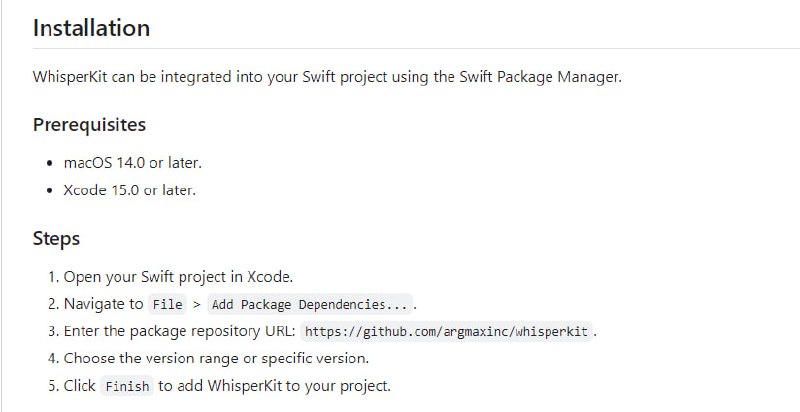WhisperKit：一个Swift开发包，它将OpenAI流行的Whisper语音识别模型与Apple的CoreML框架集成在一起，可在 Apple 设备上进行高效的本地推理，可通过Swift软件包管理器集成到 Swift 项目中