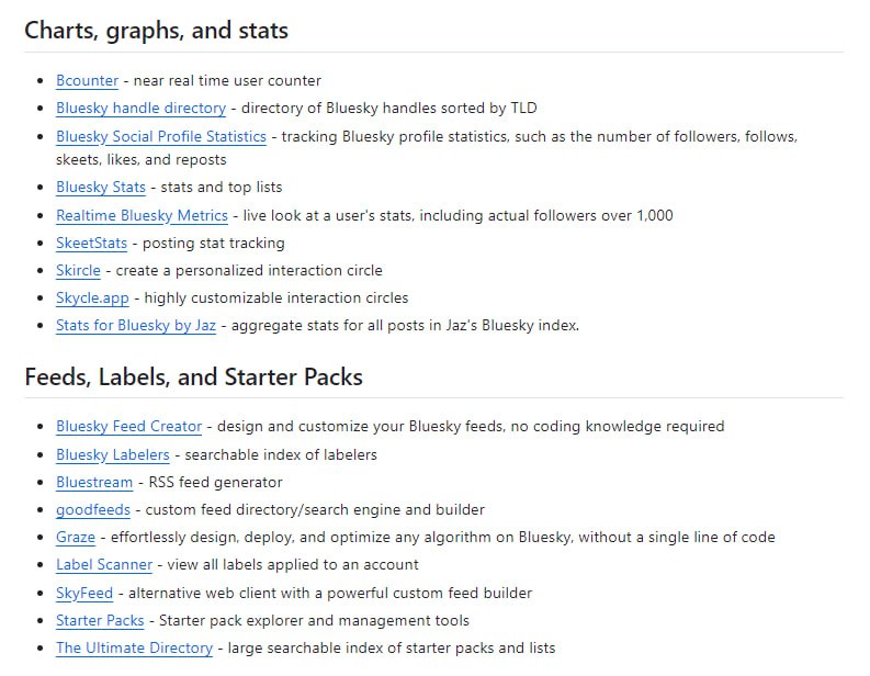 Awesome-Bluesky：一个全面的Bluesky平台工具资源汇总列表，收录了大量与Bluesky相关的实用工具，包括数据统计分析、Feed管理、迁移工具、帖子管理、替代客户端等多个分类
