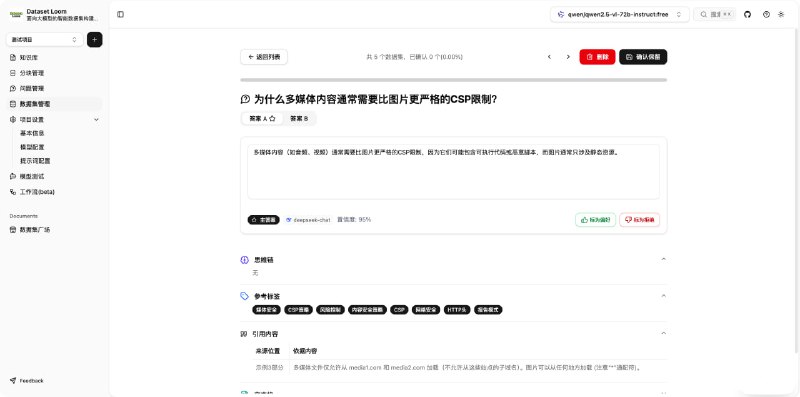 DatasetLoom：专为多模态大模型训练打造的智能数据集构建与评估平台• 支持图文问答（VQA）、图像描述、监督微调（SFT）、偏好对齐（DPO）等多种训练任务  • 集成模型自动评分、多模型对比（GPT-4V、LLaVA、CLIP 等），实现训练效果高效评估  • 文档解析涵盖 PDF、Word、Markdown、TXT，支持知识抽取与分块处理  • 图像区域标注与多模态问答生成，助力丰富训练样本构建  • 用户权限管理细化，支持管理员、协作者、访客角色分配，满足团队协作需求  • 数据持久化与版本管理，保证训练语料安全稳定，支持导出 JSON、CSV、HuggingFace Dataset 格式  • 基于 Redis 的工作流引擎（Beta），实现复杂任务自动调度与流程管理  • 采用 TypeScript + Next.js 15 + Tailwind CSS + Prisma ORM 技术栈，兼容多种 SQL 数据库（SQLite、MySQL、PostgreSQL、SQL Server）灵活部署  DatasetLoom通过模块化设计和统一数据结构，打通从原始数据到结构化训练集的全链路，助力多模态大模型训练的效率与质量提升