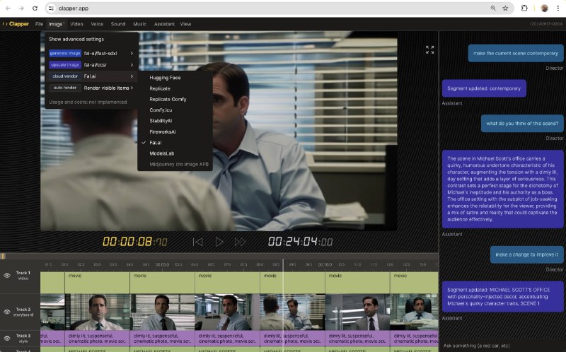 开源AI视频编辑工具，能够将剧本转化为故事板、视频、语音、声音和音乐，目前处于早期开发阶段Clapper.app | #工具