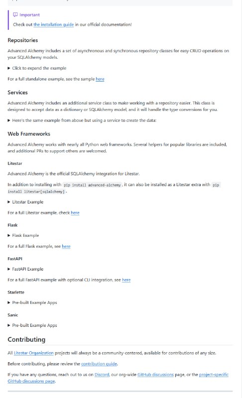 Advanced Alchemy：为SQLAlchemy量身打造的高效伴侣库，让数据库操作更轻松同步与异步仓库支持，涵盖CRUD及优化的批量操作；集成主流Web框架，如Litestar、FastAPI、Flask等；提供多达95个版本的稳定支持，适配多种数据库后端Advanced Alchemy：为SQLAlchemy量身打造的高效伴侣库，让数据库操作更轻松同步与异步仓库支持，涵盖CRUD及优化的批量操作；集成主流Web框架，如Litestar、FastAPI、Flask等；提供多达95个版本的稳定支持，适配多种数据库后端