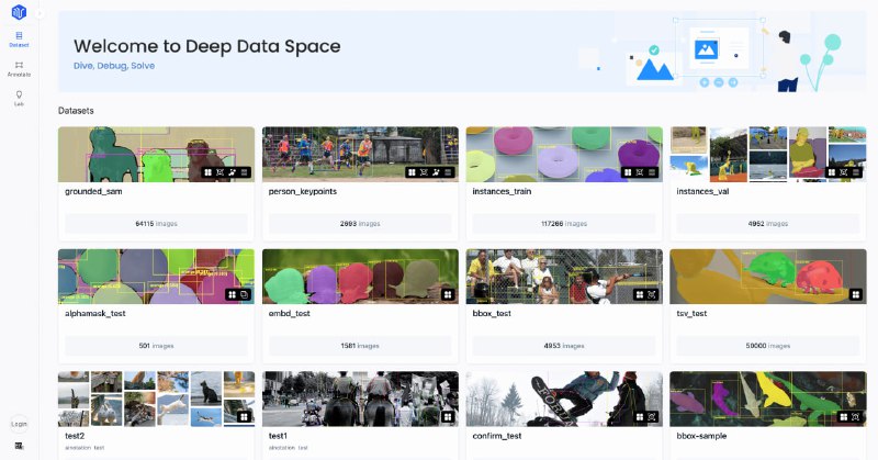 开源的数据集工具，具备以下特点：交互式数据集可视化和探索、智能标注与协作工作流、高效的模型管理和性能分析deepdataspace | 网站• 文档• 教程 | #工具