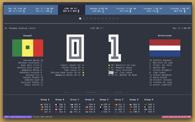 命令行世界杯赛况追踪面板：World Cup 2022 CLI Dashboard