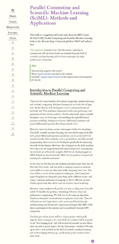 MIT课程笔记：并行计算和科学机器学习(SciML)方法与应用本书是麻省理工学院课程 18.337J/6.338J：并行计算和科学机器学习的讲义汇编该存储库旨在成为一个实时文档，不断更新以不断添加科学机器学习领域方法的最新细节和高性能计算的最新技术