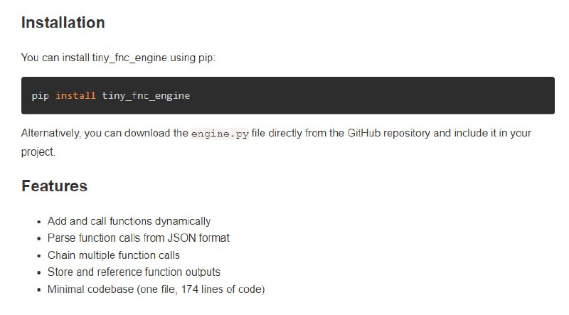 tiny_fnc_engine：从大型语言模型（LLM）输出中提取函数并灵活调用的轻量级Python库，支持动态添加函数、JSON格式解析、函数链式调用、参数引用和Pydantic模型类型安全验证tiny_fnc_engine：从大型语言模型（LLM）输出中提取函数并灵活调用的轻量级Python库，支持动态添加函数、JSON格式解析、函数链式调用、参数引用和Pydantic模型类型安全验证