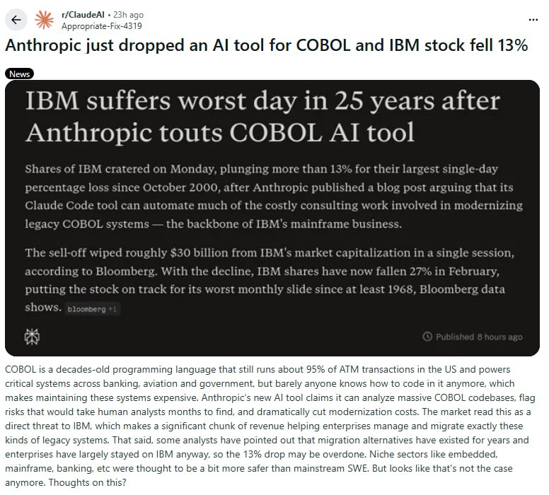 一篇博客文章让IBM蒸发300亿美元 | 帖子Anthropic宣称Claude Code可以自动分析和迁移COBOL遗留系统，IBM单日暴跌13%，市值蒸发约300亿美元