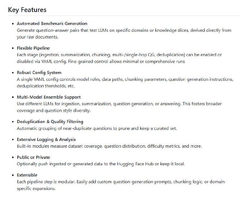 为你的数据量身定制的大型语言模型基准测试框架动态生成零样本基准，实时更新知识需求；支持多种数据格式（PDF、Word、HTML等），适应多样化场景；强大的可扩展性，轻松集成自定义模型或领域约束YourBench | #框架为你的数据量身定制的大型语言模型基准测试框架动态生成零样本基准，实时更新知识需求；支持多种数据格式（PDF、Word、HTML等），适应多样化场景；强大的可扩展性，轻松集成自定义模型或领域约束YourBench | #框架