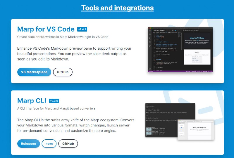 使用直观的 Markdown 体验创建漂亮的幻灯片Marp（也称为 Markdown 演示文稿生态系统）为创建漂亮的幻灯片提供了直观的体验官网 | GitHub使用直观的 Markdown 体验创建漂亮的幻灯片Marp（也称为 Markdown 演示文稿生态系统）为创建漂亮的幻灯片提供了直观的体验官网 | GitHub