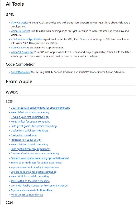 visionOS开发者资源列表：为visionOS开发者提供一系列资源，包括社区、在线课程、AI工具、代码补全工具、苹果官方资源等，旨在帮助开发者更好地开发visionOS应用visionOS开发者资源列表：为visionOS开发者提供一系列资源，包括社区、在线课程、AI工具、代码补全工具、苹果官方资源等，旨在帮助开发者更好地开发visionOS应用