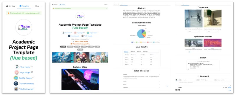 学术项目页面模板Vue：一个基于Vue的学术论文项目页面模板，支持优雅展示论文基本信息，包括轮播图、嵌入视频、ECharts图表、一键复制BibTeX引用和评论组件，方便研究人员推广和直观展示论文