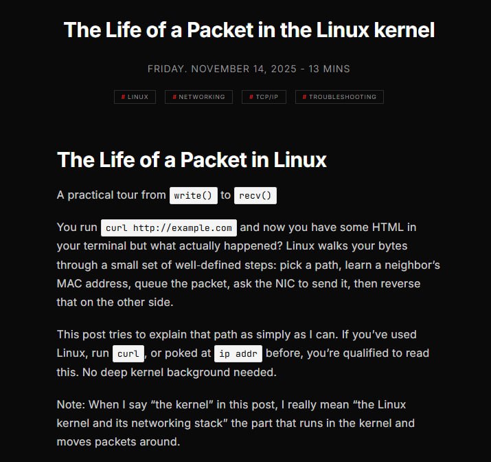 The Life of a Packet in the Linux kernel：Linux中数据包的一生这篇文章以curl 访问一个网站为例，介绍了数据包在Linux系统中从应用程序发送到接收的完整路径