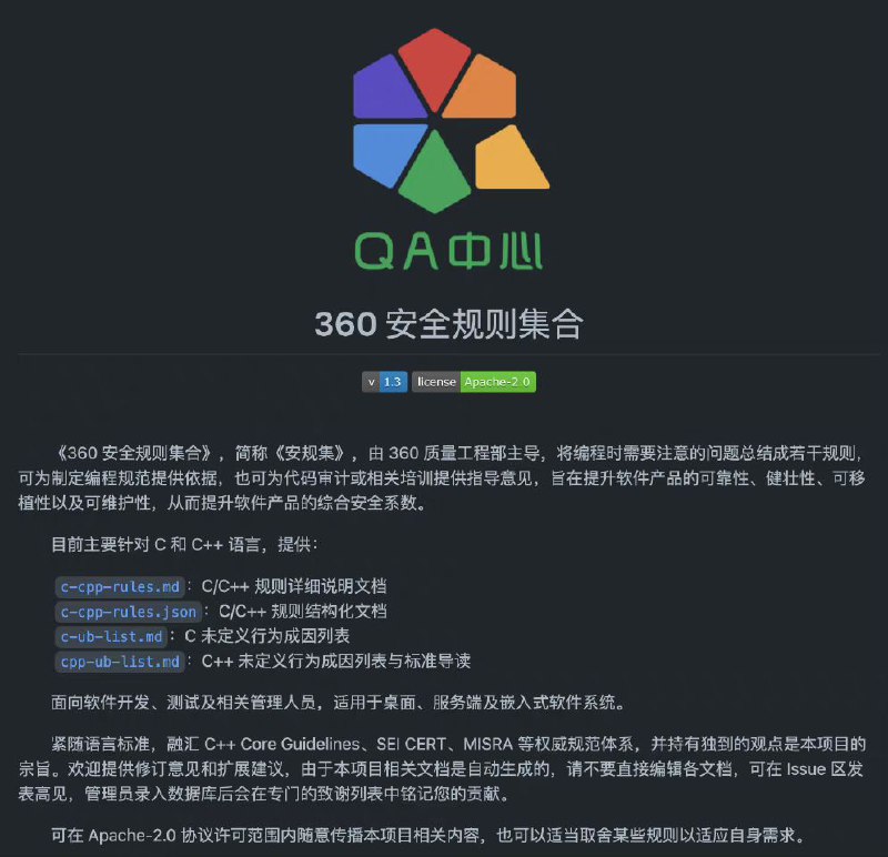 GitHub 上的开源技术资源：《360 安全规则集合》，由 360 质量工程部主导