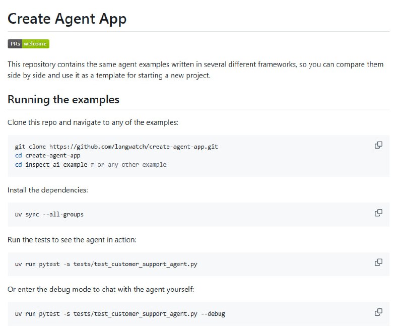 create-agent-app：帮你轻松选择AI Agent框架，一站搞定提供多种框架示例，覆盖7大主流AI框架；统一测试场景，方便对比框架优劣；丰富的Agent示例，涵盖多种实用场景