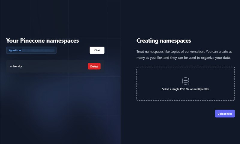 doc-chatbot：GPT-4 + Pinecone + LangChain + MongoDB实现的文档聊天机器人，可多文件、多话题和多窗口聊天，聊天历史由MongoDB保存特点：创建多个话题来聊天Google OAuth 登录并在与您的电子邮件关联的 MongoDB 中存储聊天记录将任意数量的文件上传到每个主题为每个主题创建任意数量的聊天（聊天窗口）上传文件，将它们转换为嵌入，将嵌入存储在命名空间中并上传到 Pinecone，并从浏览器中删除 Pinecone 命名空间使用 MongoDB上传并自动检索所有聊天记录支持.pdf,.docx和.txtdoc-chatbot：GPT-4 + Pinecone + LangChain + MongoDB实现的文档聊天机器人，可多文件、多话题和多窗口聊天，聊天历史由MongoDB保存特点：创建多个话题来聊天Google OAuth 登录并在与您的电子邮件关联的 MongoDB 中存储聊天记录将任意数量的文件上传到每个主题为每个主题创建任意数量的聊天（聊天窗口）上传文件，将它们转换为嵌入，将嵌入存储在命名空间中并上传到 Pinecone，并从浏览器中删除 Pinecone 命名空间使用 MongoDB上传并自动检索所有聊天记录支持.pdf,.docx和.txt