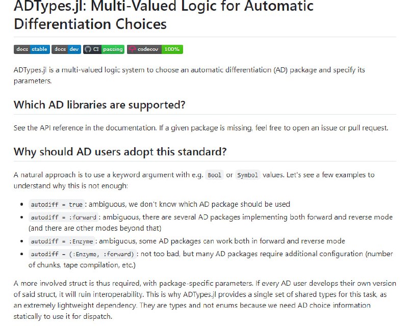 SciML/ADTypes.jl：自动微分后端类型库，为自动微分(AD)包的选择与参数配置提供统一标准，支持多值逻辑系统，促进不同AD库之间的互操作性