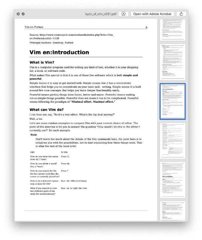 开源 #电子书 ：《A Byte of Vim》 PDF这本书将会教授你一些与 #Vim 相关的基础知识，例如 Vim 的发展历史、安装方式、常用操作与快捷命令，以及如何通过编写脚本与安装插件来扩展更多 Vim 功能