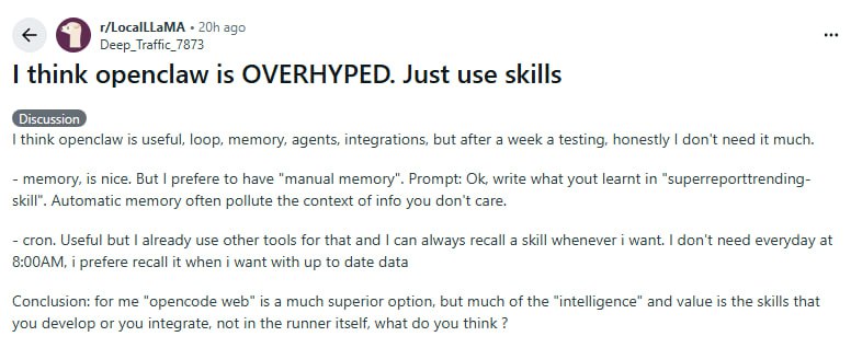 OpenClaw：被高估的工具，还是被误用的概念 | 帖子OpenClaw因界面直观、营销成功而爆红，但它本质上是一套被过度包装的自动化框架，安全漏洞多，对技术人员而言价值存疑