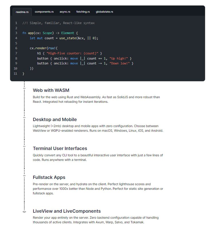 Dioxus：可在任何地方运行的用户界面Dioxus 是一个库，用于使用 Rust 编程语言构建快速、可扩展和健壮的用户界面