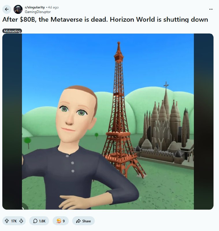 Meta烧掉800亿美元后，元宇宙项目正式关停 | 帖子Meta正式宣布关停Horizon Worlds在VR头显上的服务，3月31日下架Quest商店，6月15日完全停止VR端运营，仅保留移动端