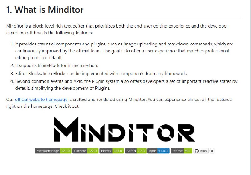 即插即用、高度可定制的块级富文本编辑器，支持任何框架包括React/Vue的块/行内块开发Minditor | #编辑器