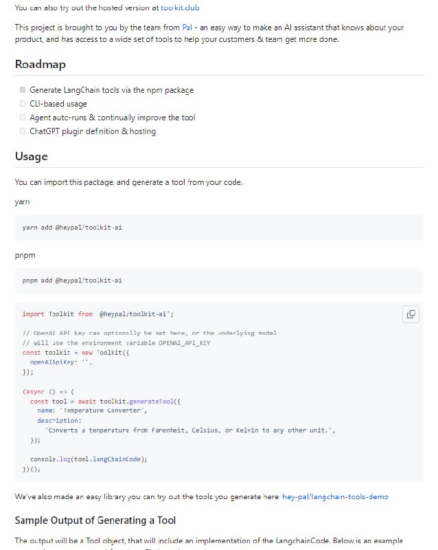 Toolkit AI：生成和使用AI插件的简单方法，只需描述要做什么即可生成LangChain插件代码