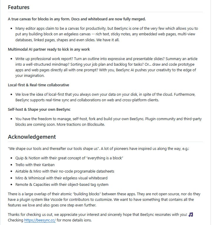 BeeSync：隐私优先、本地优先的开源知识管理与协作平台，一站式解决文档、白板与数据库融合难题文档与白板无缝融合，支持多种元素自由布局；多模态AI助力，一键生成报告、幻灯片与思维导图；支持本地存储与自托管，数据完全掌控