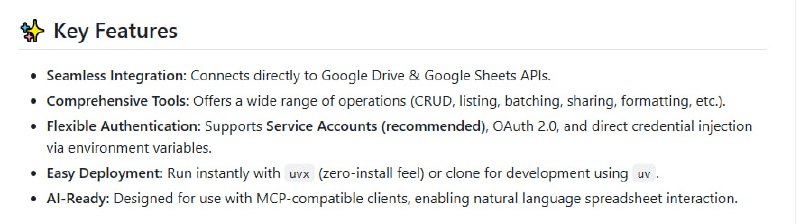 mcp-google-sheets：AI助手的Google Sheets操作利器，通过MCP协议，轻松实现与Google Sheets的交互，支持自动化和数据处理
