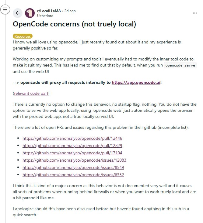 OpenCode虽然标榜“本地运行”，但Web UI默认将所有请求代理到app.opencode.ai，且无法关闭